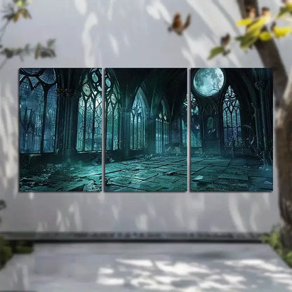 3pcs Gothic Backdrop with Dark Arched Windows Canvas Framed 40x60cm - High Quality Print 100% Australian Made Wall Canvas Ready to Hang