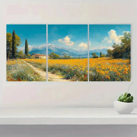 3pcs Antique-Style Yellow Irises & Cypress Trees Metal Print Ready to Hang Art