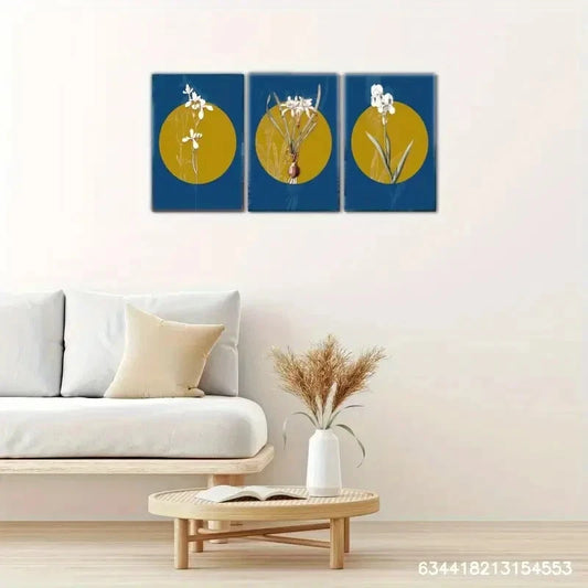 3pcs Flower Poster with Golden Circle And Blue Metal Print Ready to Hang Art