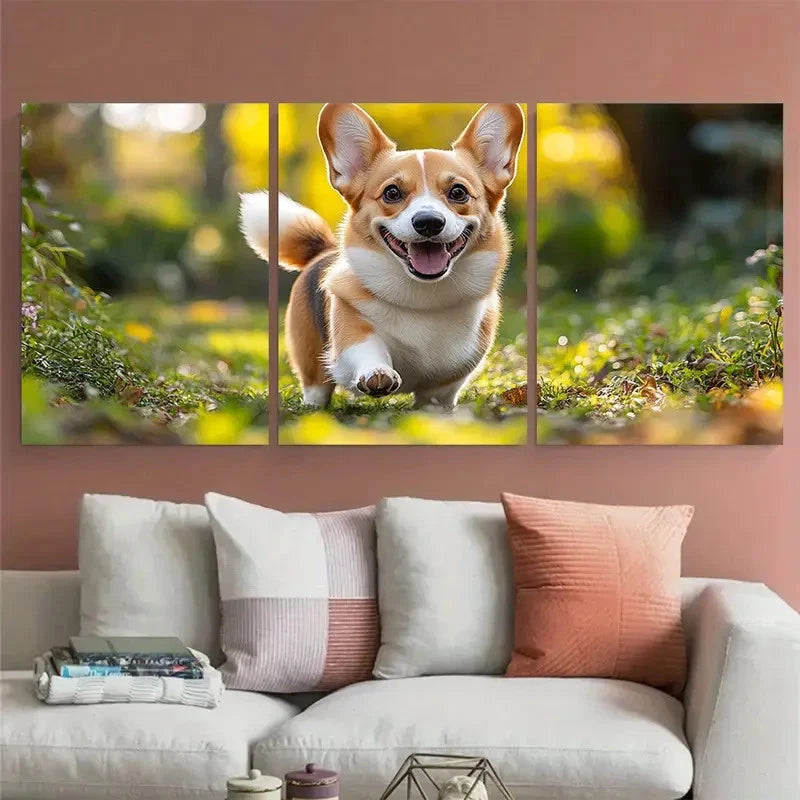 3pcs Welsh Pembroke Corgi Puppy Tail Playing Metal Print Ready to Hang Art