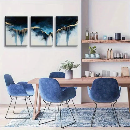 3pcs Abstract Blue and Golden Oil Painting Metal Print Ready to Hang Art