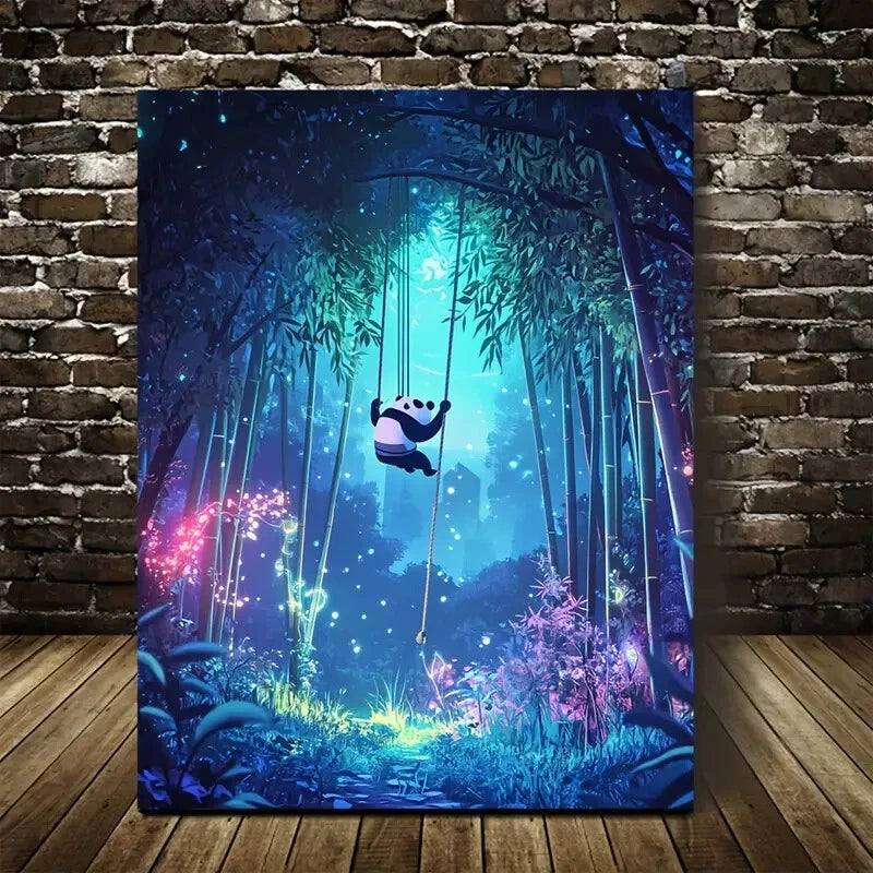 Panda Swing in Peaceful Bamboo Grove Painting 40x60cm Metal Print Ready to Hang