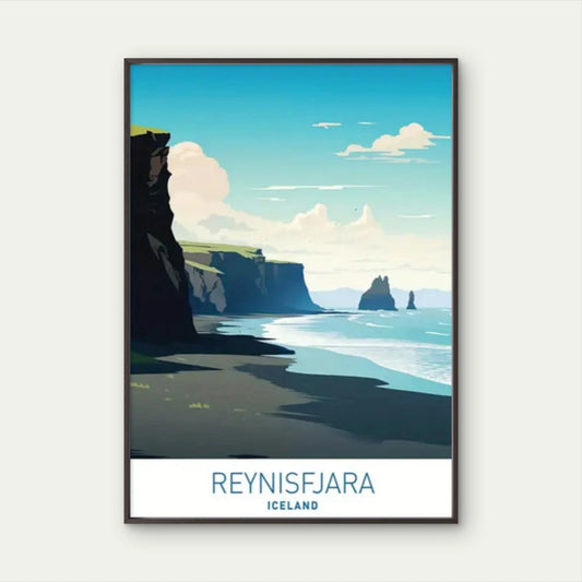 Reynisfjara Iceland Coastal Black Sand Beach Rock Travel Poster Print Wall Art