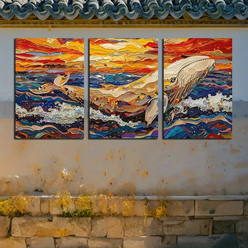 3pcs Vibrant Whale in Ocean Illustration Metal Print Ready to Hang Art