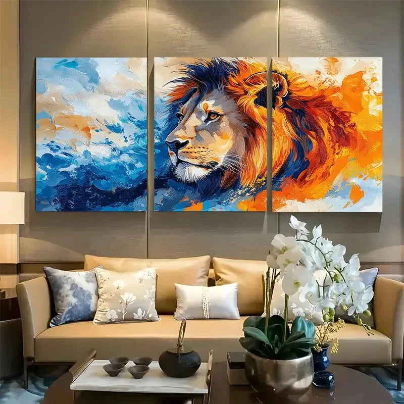 3pcs Side Profile Lion in Bold Abstract Watercolor Metal Print Ready to Hang Art
