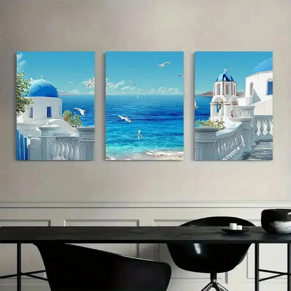 3pcs White & Blue Mediterranean Sea View Metal Print Ready to Hang Art