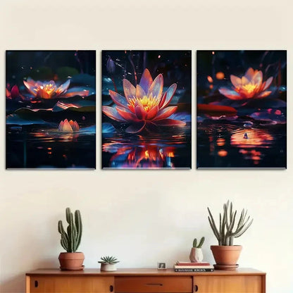 3pcs Vibrant Lotus Portrait Landscape Theme Metal Print Ready to Hang Art