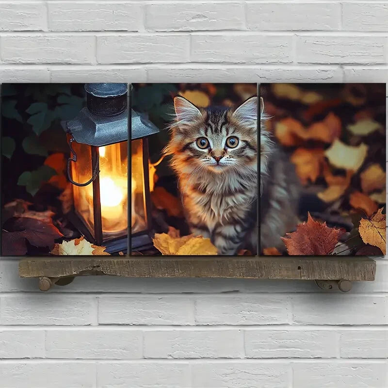 3pcs Kitten And Lantern Autumn Leaves Metal Print Ready to Hang Art