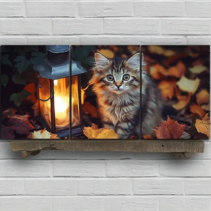 3pcs Kitten And Lantern Autumn Leaves Metal Print Ready to Hang Art
