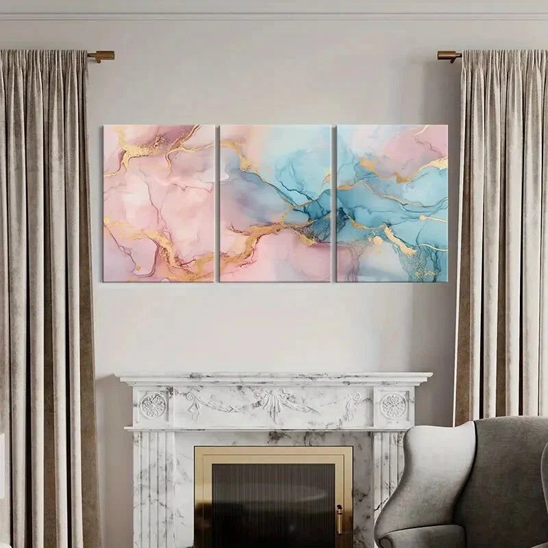 3pcs Marble Texture Abstract Art Golden Accents Metal Print Ready to Hang Art