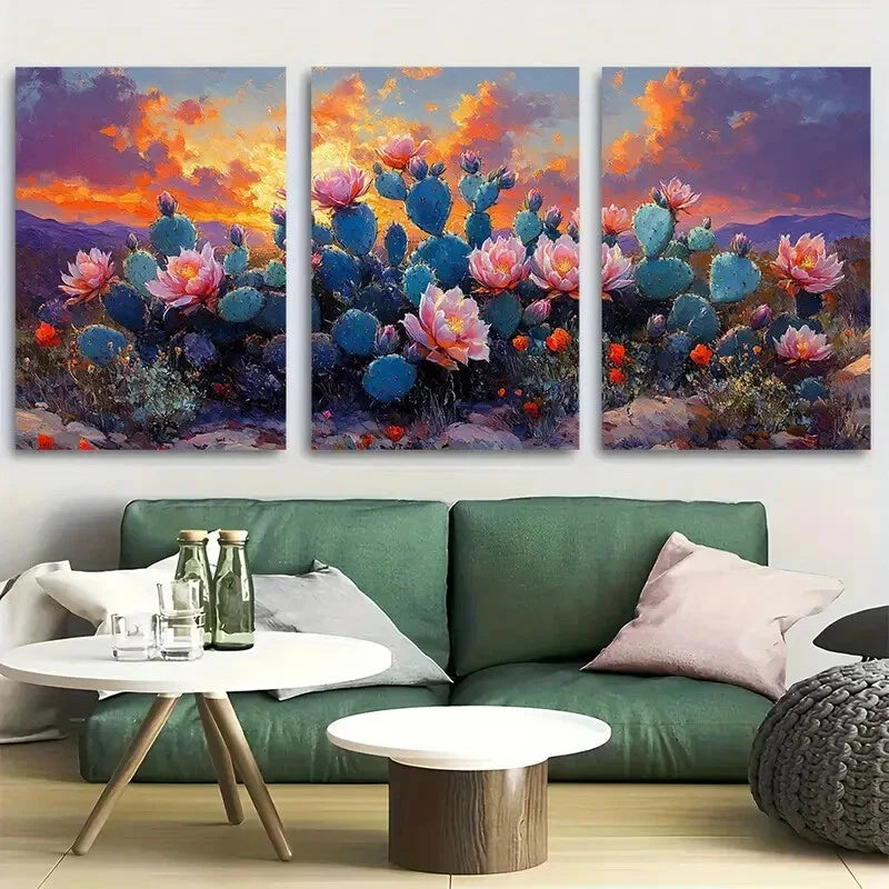 3pcs Colorful Mexican Cactus with Florals Metal Print Ready to Hang Art