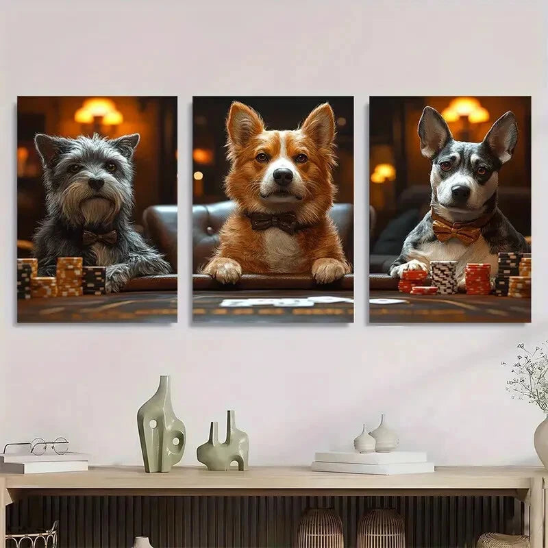 3pcs Dogs Playing Poker Painting Metal Print Ready to Hang Art