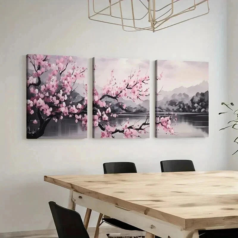 3pcs Cherry Blossoms Lake & Mountain Landscape Wall Art Set Canvas Framed 40x60cm - High Quality Print 100% Australian Made Wall Canvas Ready to Hang