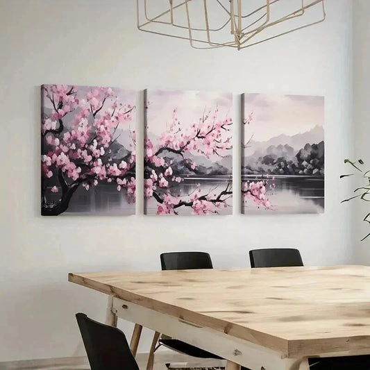 3pcs Cherry Blossoms Lake & Mountain Landscape Wall Art Set Canvas Framed 40x60cm - High Quality Print 100% Australian Made Wall Canvas Ready to Hang