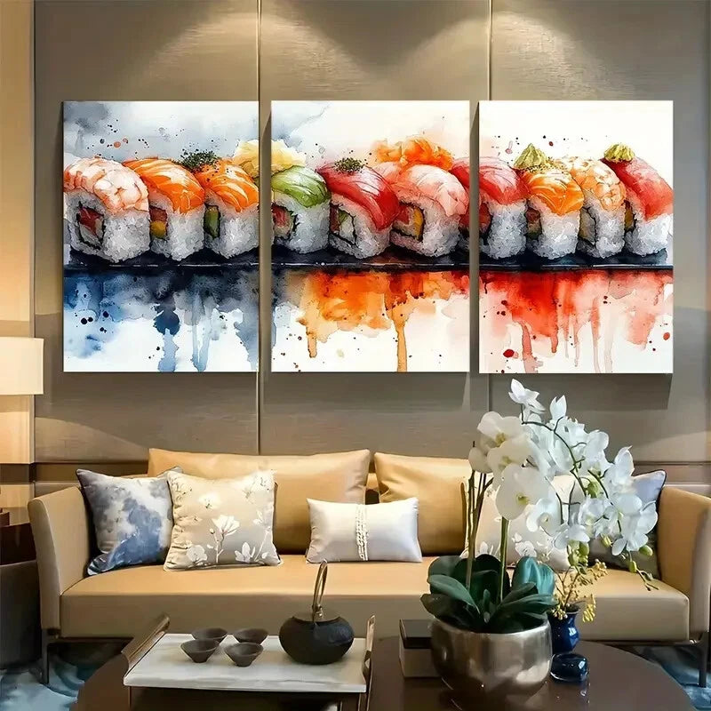 3pcs Japanese Sushi Watercolor Metal Print Ready to Hang Art