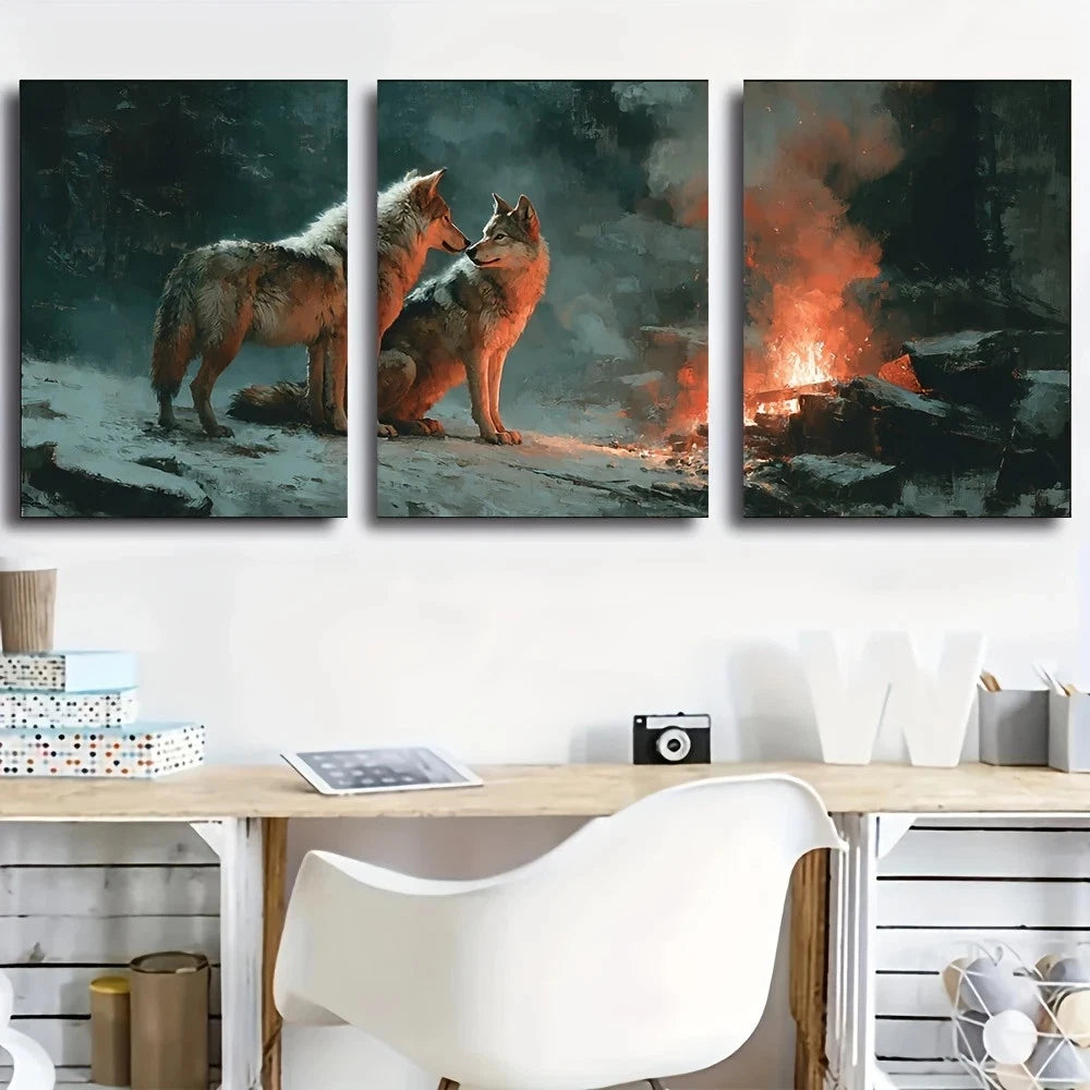 3pcs Wolves Tails Wagging Animal Themed Metal Print Ready to Hang Art