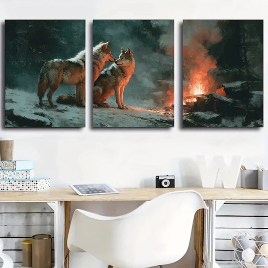 3pcs Wolves Tails Wagging Animal Themed Metal Print Ready to Hang Art