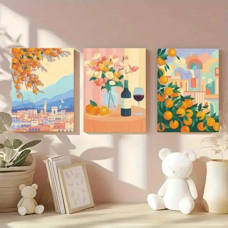 3pcs Oranges Wine Bottle Cityscape Glass Flowers Metal Print Ready to Hang Art