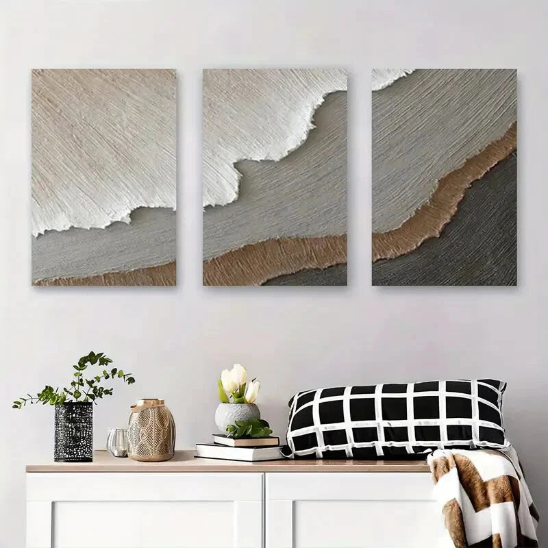 3pcs Soft Earth Tone Textured Designs Perfect Wall Art Set Canvas Framed 40x60cm - High Quality Print 100% Australian Made Wall Canvas Ready to Hang