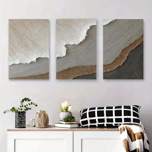 3pcs Soft Earth Tone Textured Designs Perfect Wall Art Set Canvas Framed 40x60cm - High Quality Print 100% Australian Made Wall Canvas Ready to Hang
