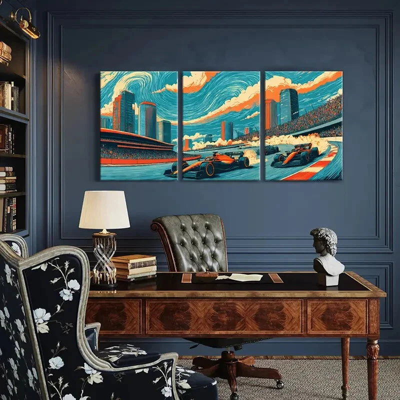3pcs Vibrant Formula One Cars Cityscape Skyline Metal Print Ready to Hang Art