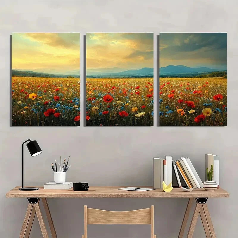 3pcs Vintage Wildflower Field Floral Landscape Metal Print Ready to Hang Art