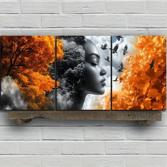 3pcs Trees and Women Golden Themed Flying Birds Metal Print Ready to Hang Art