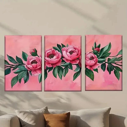3pcs Pink Peonies with Green Leaves Wall Art Set Canvas Framed 40x60cm - High Quality Print 100% Australian Made Wall Canvas Ready to Hang