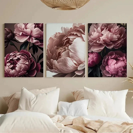 3pcs Pink & Black Floral Peony Botanical Metal Print Ready to Hang Art