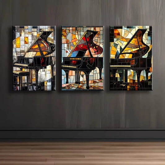 3pcs Vintage Piano Wall Art Set Canvas Framed 60x90cm - High Quality Print 100% Australian Made Wall Canvas Ready to Hang (