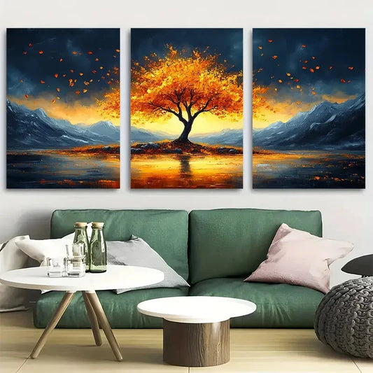 3pcs Vibrant Nature Solitary Golden Tree Metal Print Ready to Hang Art