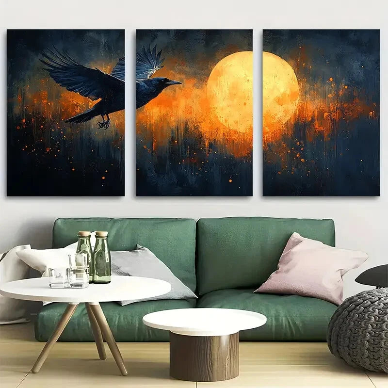 3pcs Flying Crow Moonlight Metal Print Ready to Hang Art