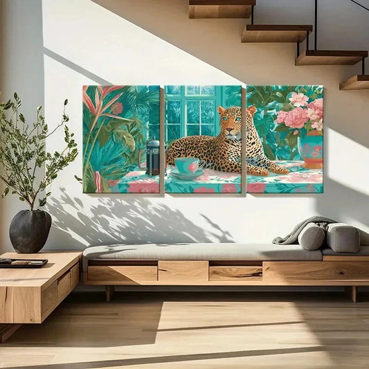 3pcs Exquisite Leopard with Tropical Plants & Tea Metal Print Ready to Hang Art