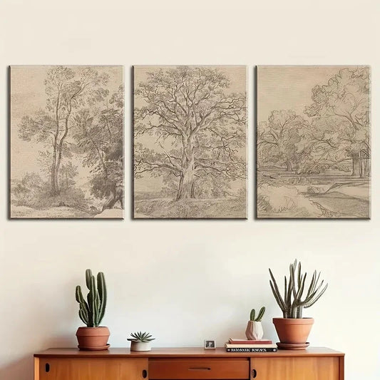 3pcs Vintage Decor - Trees Sketch Style Metal Print Ready to Hang Art