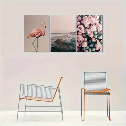 3pcs Pink Flamingo Ocean Waves & Floral Bouquet Metal Print Ready to Hang Art