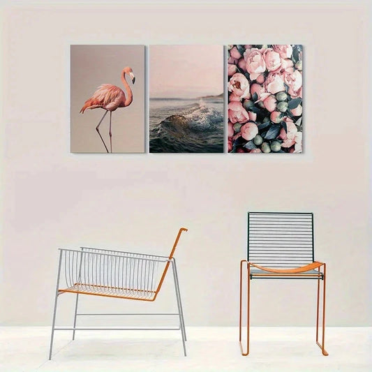 3pcs Pink Flamingo Ocean Waves & Floral Bouquet Metal Print Ready to Hang Art