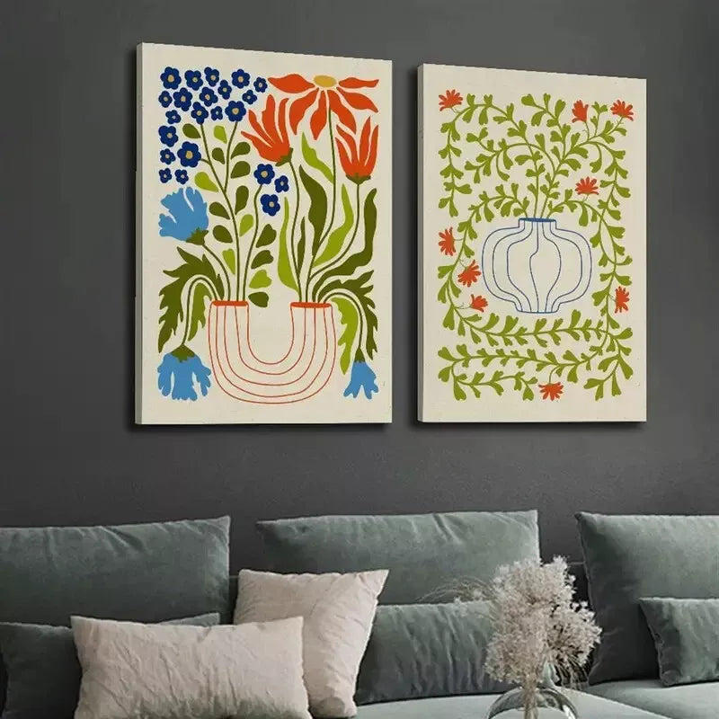 2pcs Decorative Painting, Potted Plants, Retro Abstract Canvas Framed 50x75cm - High Quality Print 100% Australian Made Wall Canvas Ready to Hang