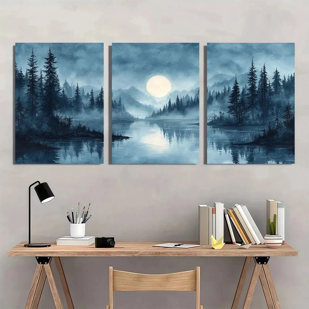 3pcs Misty Forest Abstract Vintage Style Serene Metal Print Ready to Hang Art