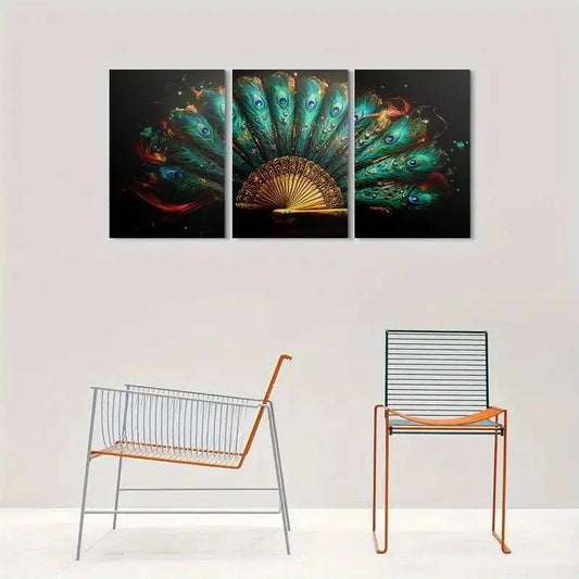 3pcs Peacock Feather Fan Vibrant Blue & Green Metal Print Ready to Hang Art