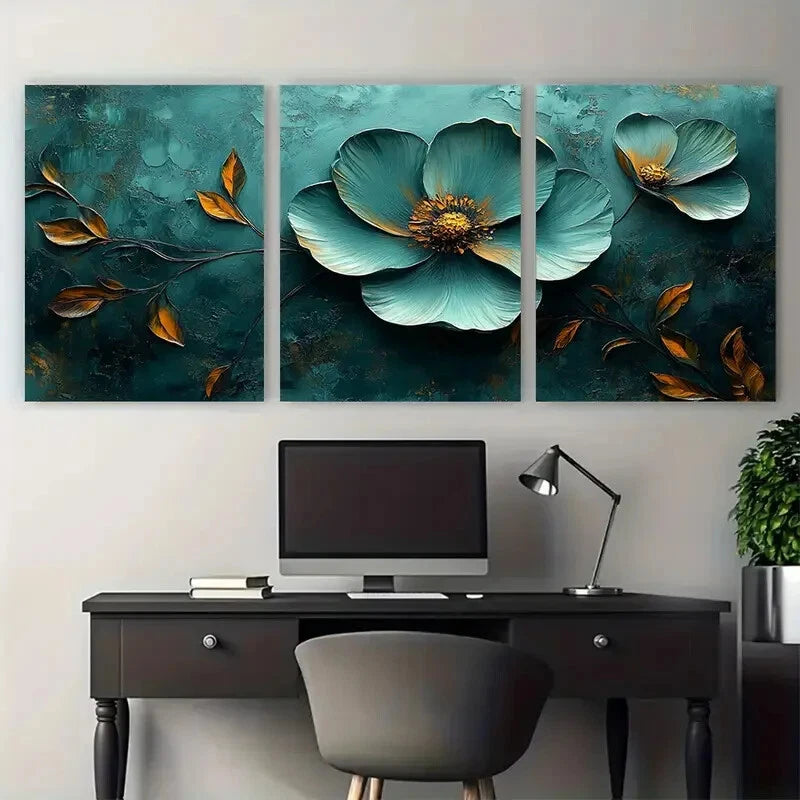 3pcs Textured Minimalist Floral Green Boho Design Metal Print Ready to Hang Art