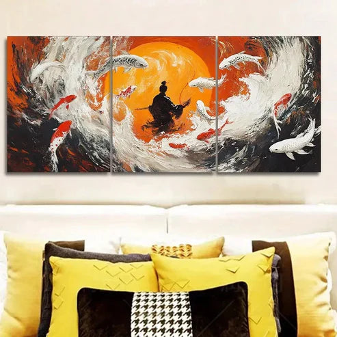 3pcs Fisherman, Koi Wall Art Set Canvas Unframed - High Quality Print 100% Australian Made Wall Canvas