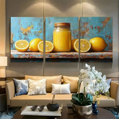 3pcs Vibrant Glass Jar Lemon Metal Print Ready to Hang Art