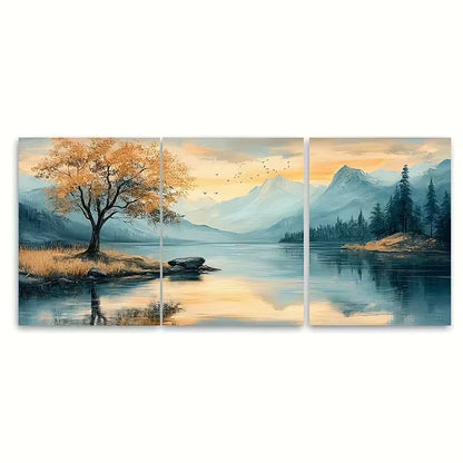 3pcs Serene Lake, Mountains & Trees Metal Print Ready to Hang Art