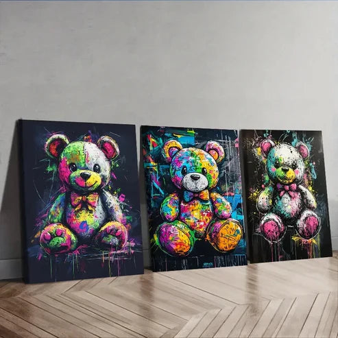 3pcs Colorful teddy bear graffiti Wall Art Canvas Unframed - High Quality Print 100% Australian Made Wall Canvas