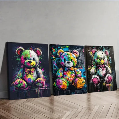 3pcs Colorful teddy bear graffiti Wall Art Canvas Unframed - High Quality Print 100% Australian Made Wall Canvas