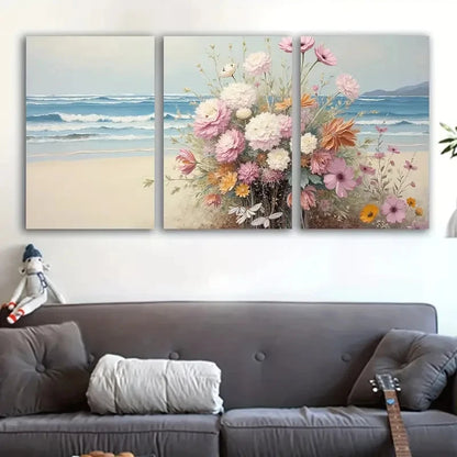 3pcs Beach Flowers Serene Ocean & Sandy Shorelin Wall Art Set Canvas Framed 40x60cm - High Quality Print 100% Australian Made Wall Canvas Ready to Hang