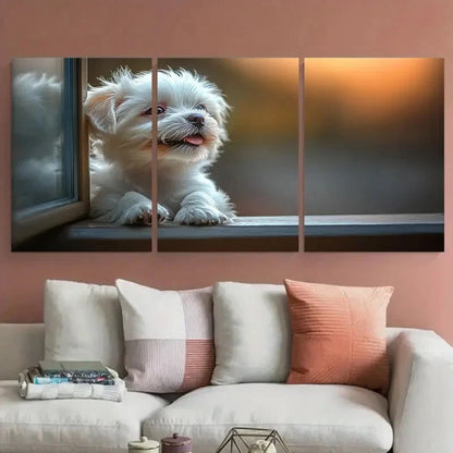 3pcs Cute White Dog Licking Window Metal Print Ready to Hang Art