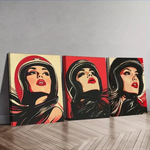 3 PCS A Girl In A Bike Helmet Wall Art Set Canvas Unframed - High Quality Print 100% Australian Made Wall Canvas