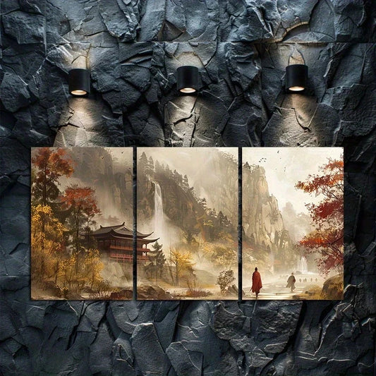 3pcs Traditional Chinese Landscape Metal Print Ready to Hang Art