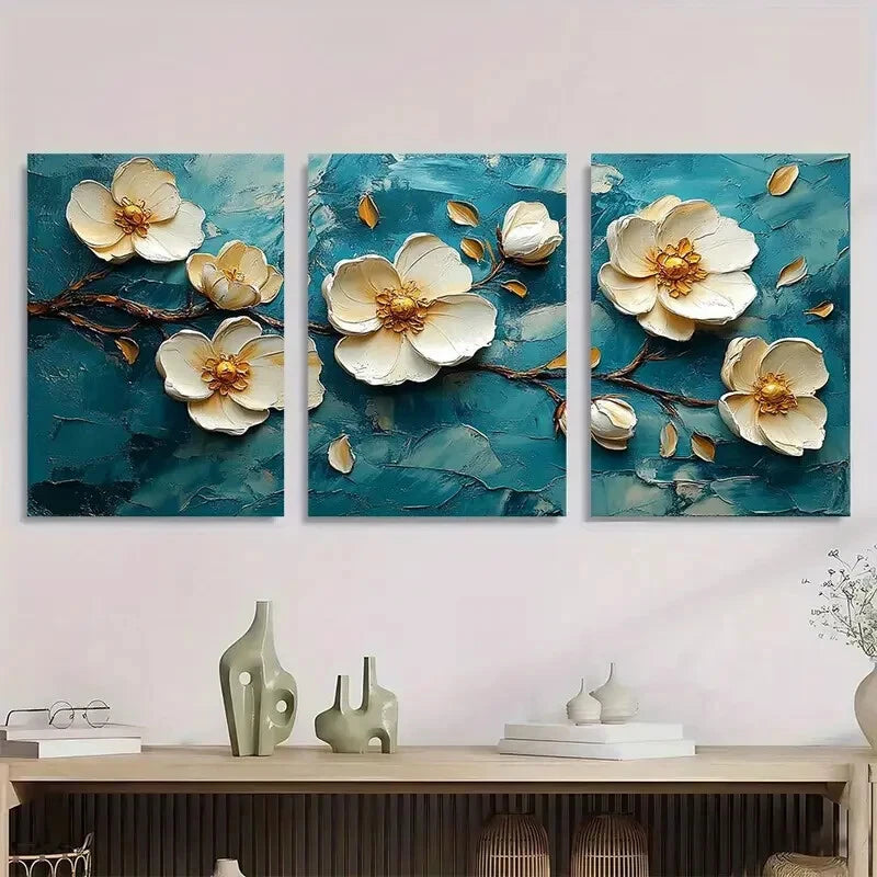 3pcs White and Yellow Flowers Metal Print Ready to Hang Art